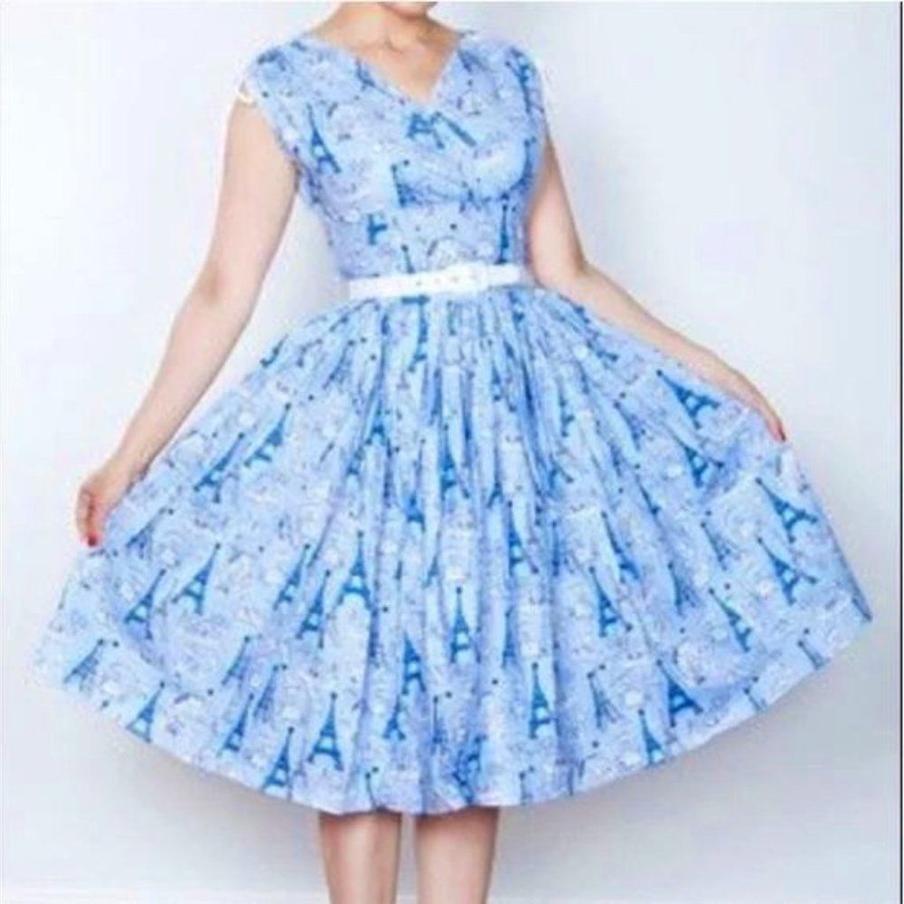 BERNIE DEXTER - Rare Vintage Retro Blue Paris Print Dress, Pin-up Style, M